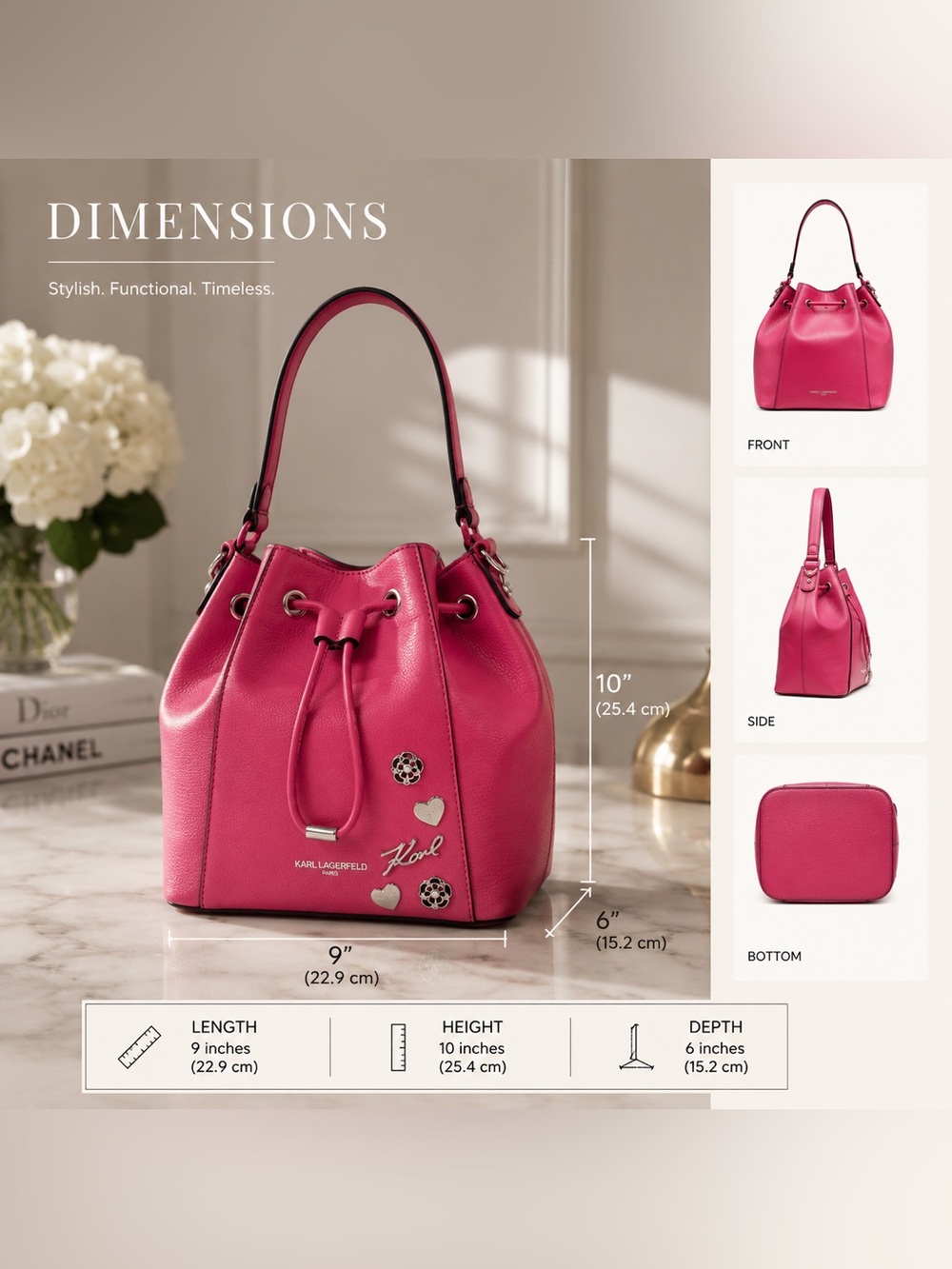 Pink Drawstring Bucket Crossbody Bag + KARL & CHOUPETTE DUO BAG CHARM - Picture 7 of 17
